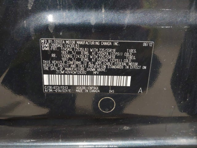 Продажа на аукционе авто 2012 Toyota Rav4 Sport, vin: 2T3WF4DV4CW128392, номер лота: 44066658