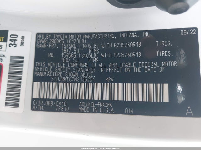5TDJRKEC7NS136204 Toyota SIENNA XLE
