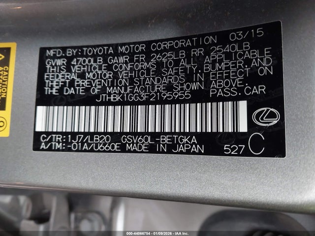 2015 Lexus Es 350 მანქანა იყიდება აუქციონზე, vin: JTHBK1GG3F2195955, აუქციონის ნომერი: 44066754