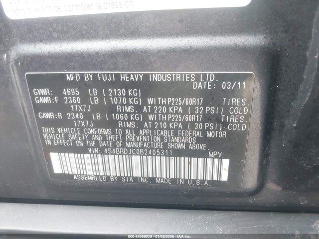 Продаж на аукціоні авто 2011 Subaru Outback 3.6r Limited, vin: 4S4BRDJC0B2405311, номер лоту: 44066929