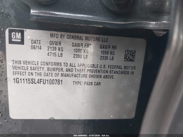 Aukcja sprzedaży 2015 Chevrolet Impala 1lt, vin: 1G1115SL4FU100781, numer aukcji: 44066962