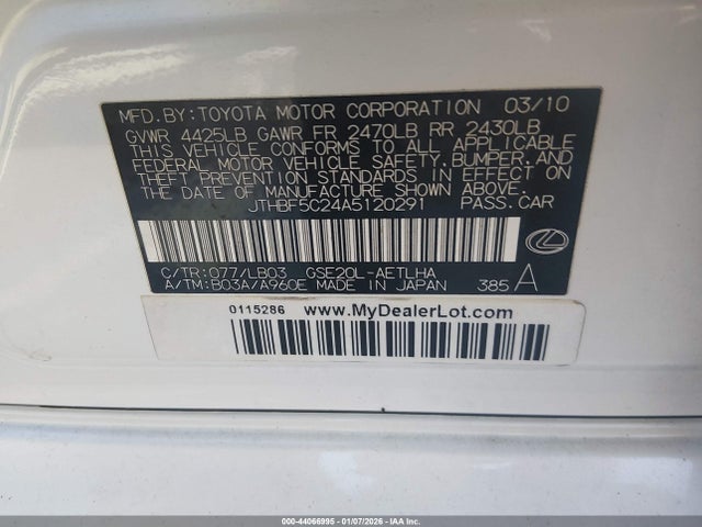 2010 LEXUS IS 250 JTHBF5C24A5120291 Photo 8