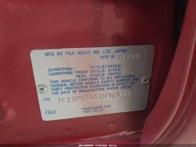 44066996 :رقم المزاد ، JF1SF65651H715114 vin ، 2001 Subaru Forester S مزاد بيع