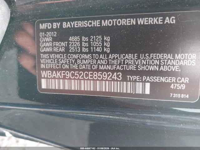 Aukcja sprzedaży 2012 Bmw 335i Xdrive, vin: WBAKF9C52CE859243, numer aukcji: 44067162