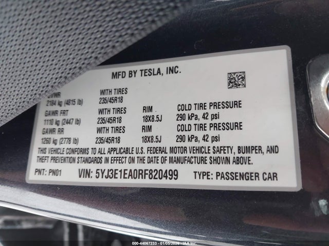 Продаж на аукціоні авто 2024 Tesla Model 3 Rear-wheel Drive, vin: 5YJ3E1EA0RF820499, номер лоту: 44067233