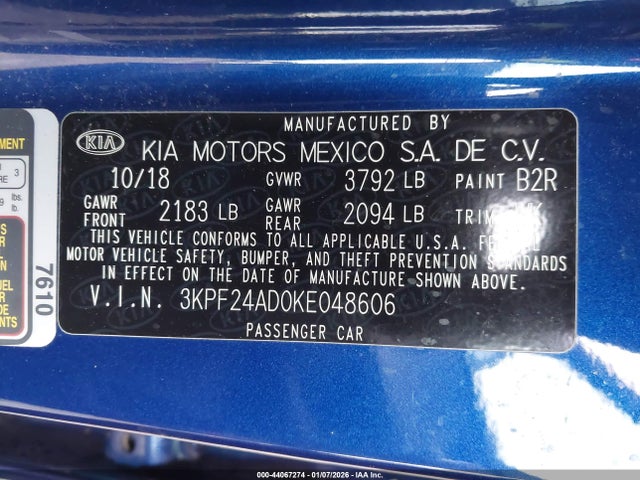3KPF24AD0KE048606 KIA Forte Lxs