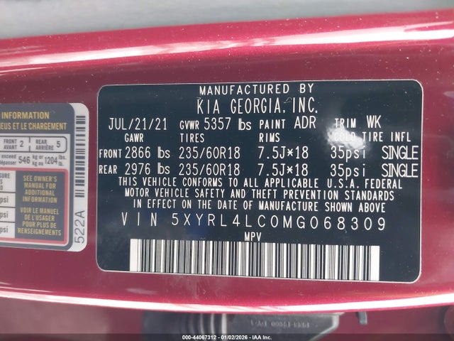 5XYRL4LC0MG068309 KIA SORENTO S