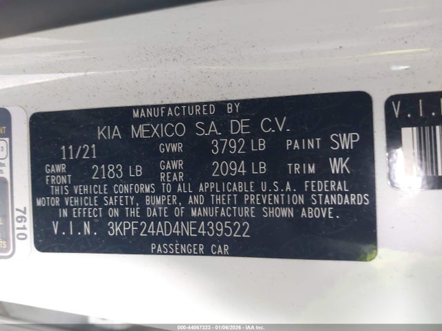 3KPF24AD4NE439522 KIA Forte Lxs
