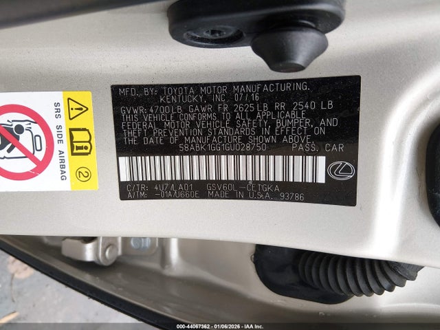 44067362 :رقم المزاد ، 58ABK1GG1GU028750 vin ، 2016 Lexus Es 350 مزاد بيع