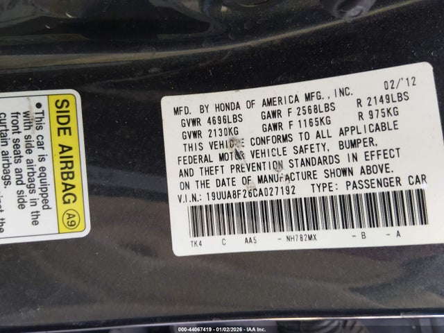 2012 ACURA TL 19UUA8F26CA027192 Photo 8