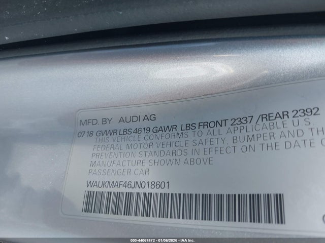 44067472 :رقم المزاد ، WAUKMAF46JN018601 vin ، 2018 Audi A4 2.0t Tech Ultra Premium/2.0t Ultra Premium مزاد بيع
