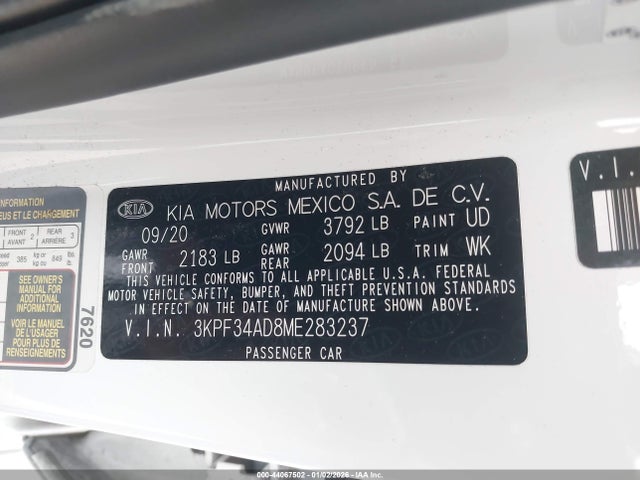 2021 Kia Forte Gt-line მანქანა იყიდება აუქციონზე, vin: 3KPF34AD8ME283237, აუქციონის ნომერი: 44067502