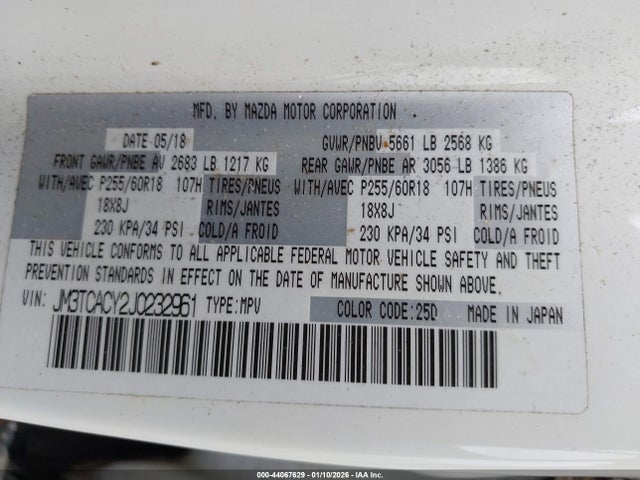 44067629 :رقم المزاد ، JM3TCACY2J0232961 vin ، 2018 Mazda Cx-9 Touring مزاد بيع