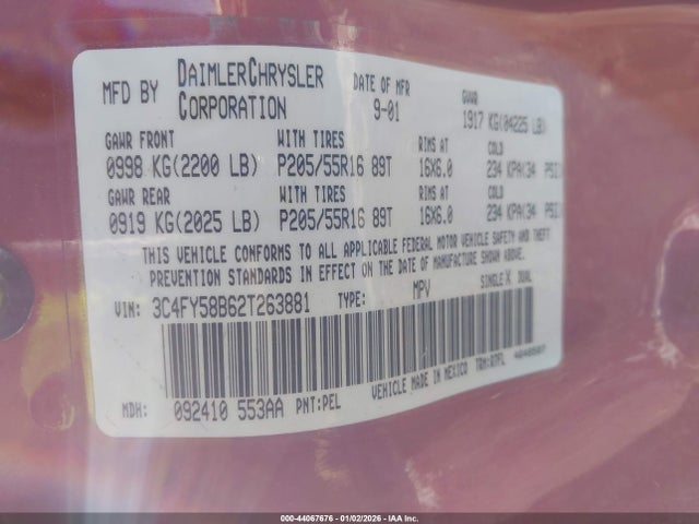 44067676 :رقم المزاد ، 3C4FY58B62T263881 vin ، 2002 Chrysler Pt Cruiser Touring مزاد بيع