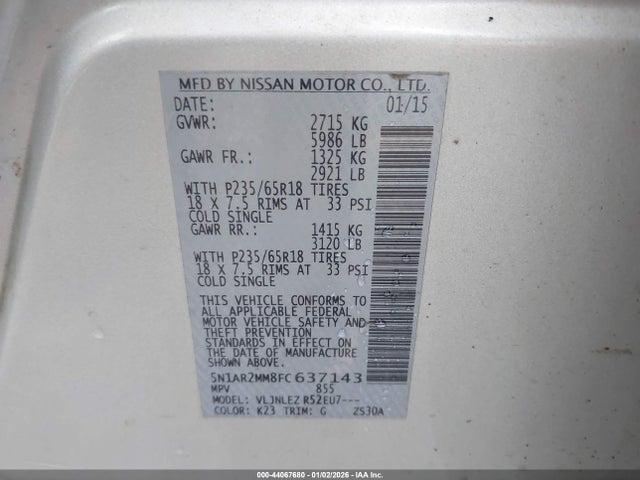 5N1AR2MM8FC637143 Nissan Pathfinder Platinum/s/sl/sv