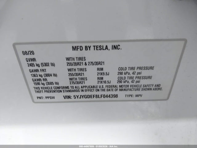 2020 TESLA MODEL Y 5YJYGDEF8LF044398 Photo 8