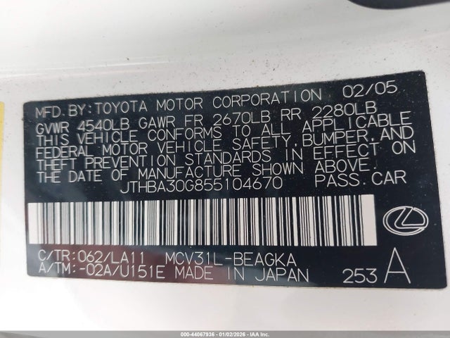 44067936 :رقم المزاد ، JTHBA30G855104670 vin ، 2005 Lexus Es 330 مزاد بيع