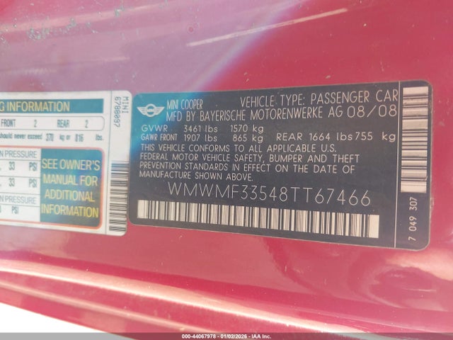 2008 MINI COOPER WMWMF33548TT67466 Photo 8