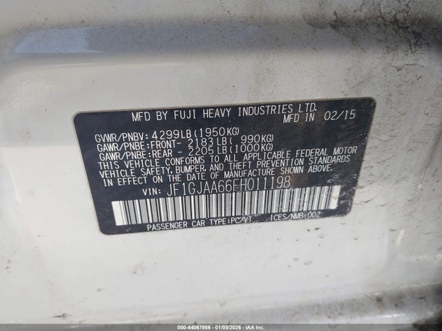 2015 Subaru Impreza 2.0i მანქანა იყიდება აუქციონზე, vin: JF1GJAA66FH011198, აუქციონის ნომერი: 44067986