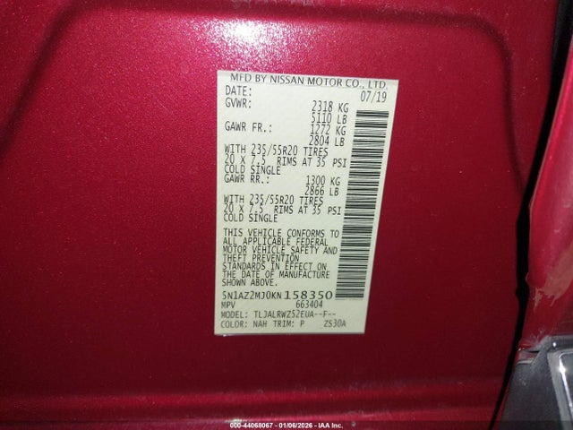 5N1AZ2MJ0KN158350 Nissan MURANO SL