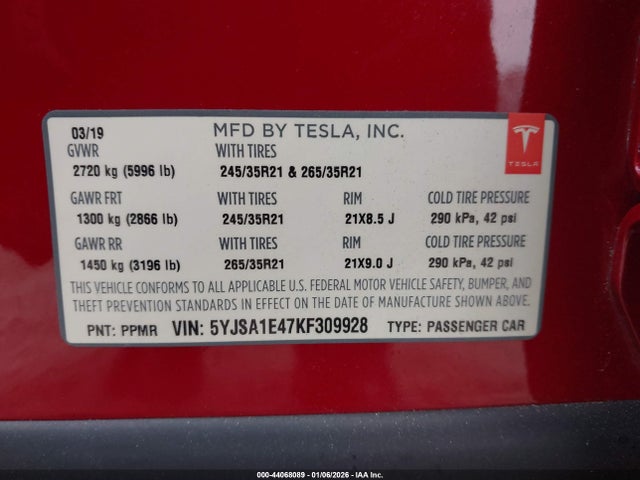 Продажа на аукционе авто 2019 Tesla Model S, vin: 5YJSA1E47KF309928, номер лота: 44068089