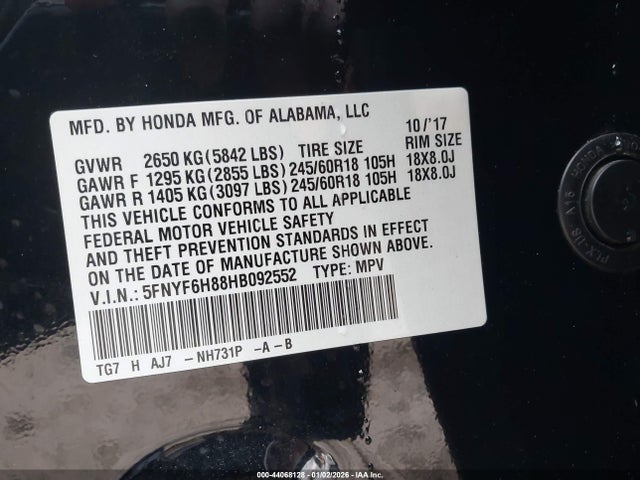 5FNYF6H88HB092552 Honda Pilot Ex-l