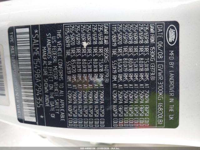 2008 LAND ROVER RANGE ROVER SALME15498A294355 Photo 8