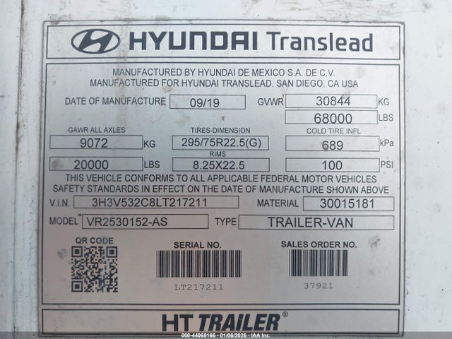 Aukcja sprzedaży 2020 Hyundai Translead Inc 53' Reefer Semi Trailer, vin: 3H3V532C8LT217211, numer aukcji: 44068166