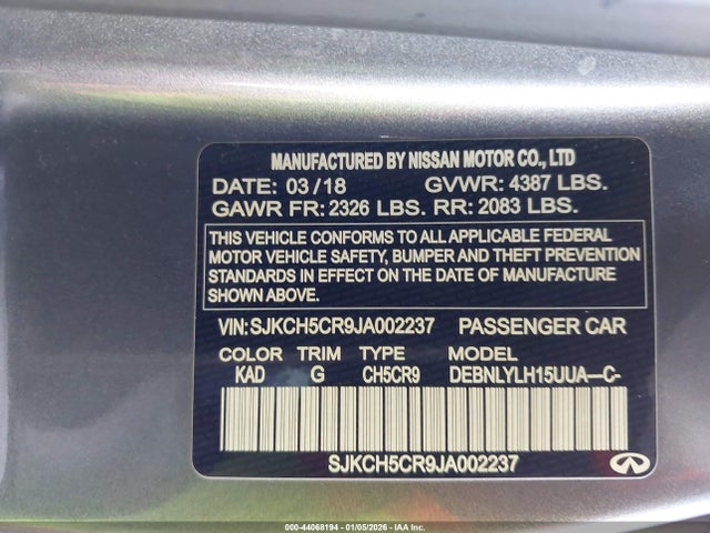 SJKCH5CR9JA002237 Infiniti Qx30 Essential