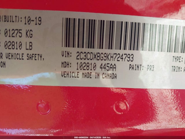 Aukcja sprzedaży 2019 Dodge Charger Sxt Rwd, vin: 2C3CDXBG9KH724793, numer aukcji: 44068204
