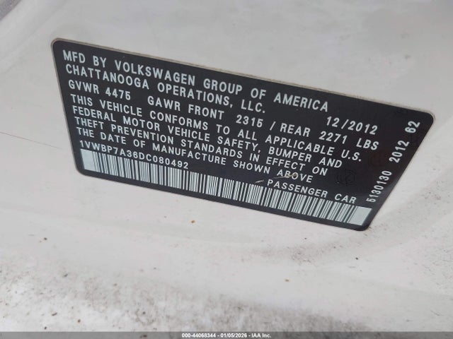 Aukcja sprzedaży 2013 Volkswagen Passat 2.5l Se, vin: 1VWBP7A36DC080492, numer aukcji: 44068344