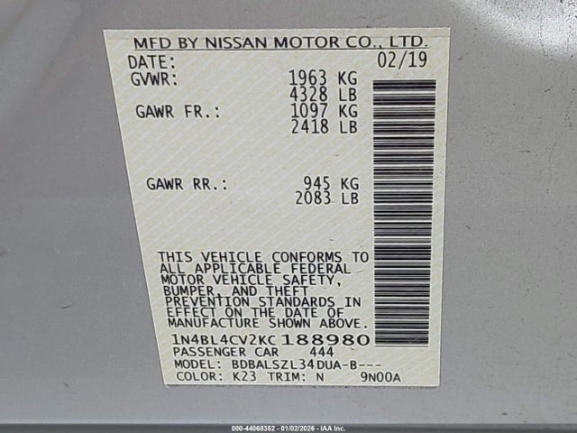 Nissan Altima 2.5 Sr 2019 1N4BL4CV2KC188980 Image 9