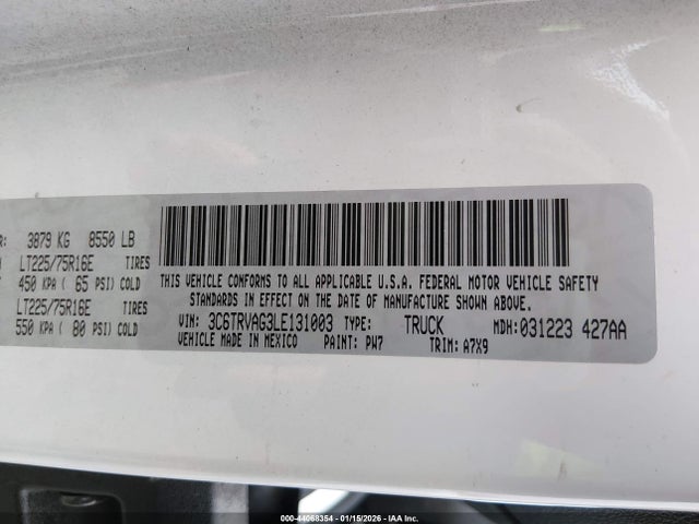 3C6TRVAG3LE131003 RAM Promaster 1500 Low Roof 136 Wb