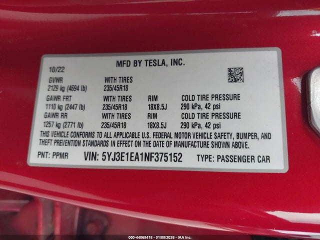 2022 TESLA MODEL 3 5YJ3E1EA1NF375152 Photo 8