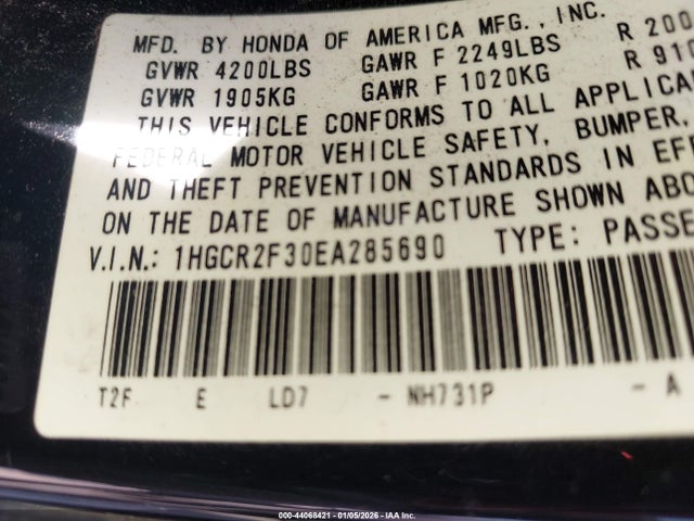 44068421 :رقم المزاد ، 1HGCR2F30EA285690 vin ، 2014 Honda Accord Lx مزاد بيع