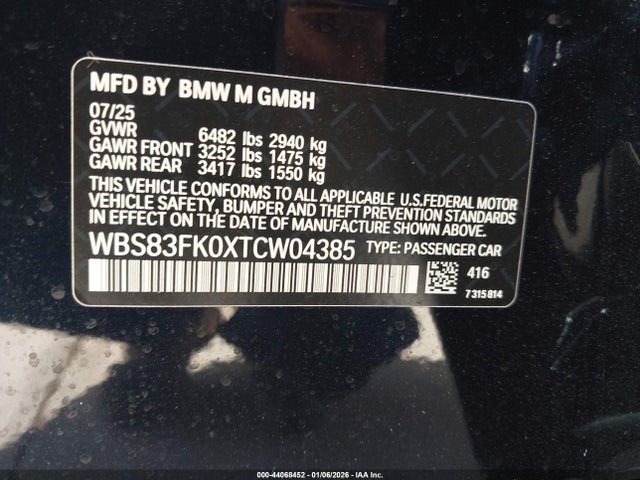 44068452 :رقم المزاد ، WBS83FK0XTCW04385 vin ، 2026 Bmw M5 مزاد بيع