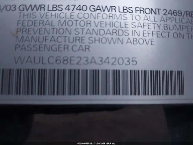 44068533 :رقم المزاد ، WAULC68E23A342035 vin ، 2003 Audi A4 1.8t مزاد بيع