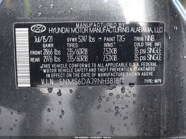 5NMS6DAJ9NH381814 Hyundai Santa Fe Xrt