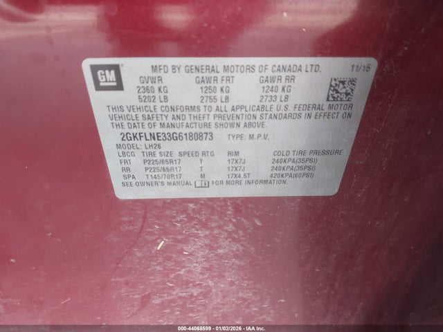 44068599 :رقم المزاد ، 2GKFLNE33G6180873 vin ، 2016 Gmc Terrain Sle-2 مزاد بيع
