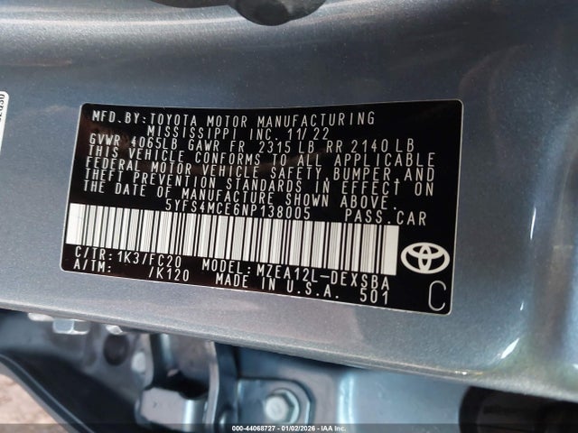 5YFS4MCE6NP138005 Toyota COROLLA SE