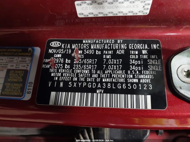 44068893 :رقم المزاد ، 5XYPGDA38LG650123 vin ، 2020 Kia Sorento 2.4l Lx مزاد بيع