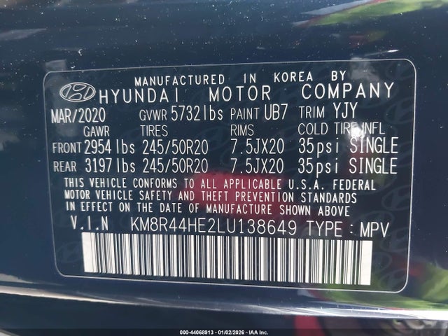 44068913 :رقم المزاد ، KM8R44HE2LU138649 vin ، 2020 Hyundai Palisade Sel مزاد بيع