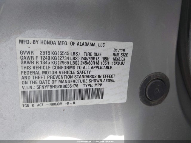 5FNYF5H52KB036176 Honda Pilot Ex-l