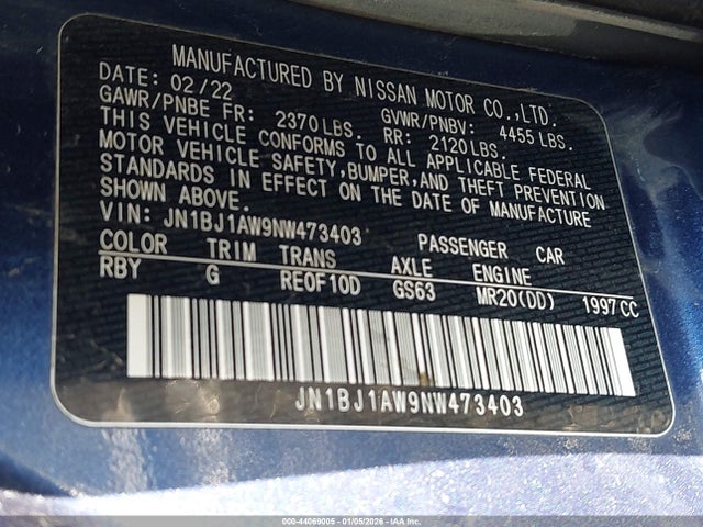 JN1BJ1AW9NW473403 Nissan Rogue Sport S Awd Xtronic Cvt