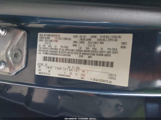 1FMCU9GD9JUC24100 Ford ESCAPE SE