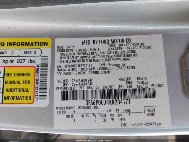 Ford FUSION SEL 2019 3FA6P0CD4KR234171 Image 9