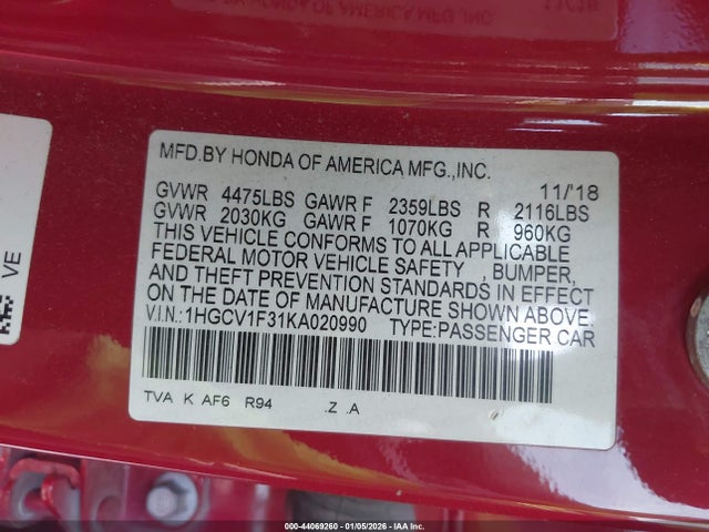 2019 HONDA ACCORD 1HGCV1F31KA020990 Photo 8