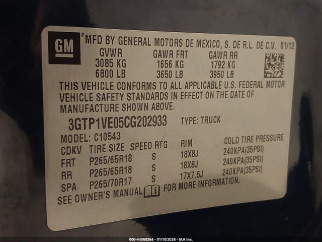 Aukcja sprzedaży 2012 Gmc Sierra 1500 Sle, vin: 3GTP1VE05CG202933, numer aukcji: 44069264