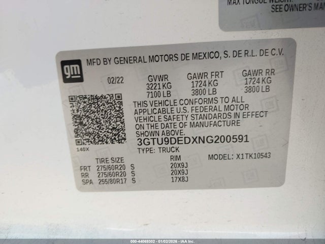 Aukcja sprzedaży 2022 Gmc Sierra 1500 Limited, vin: 3GTU9DEDXNG200591, numer aukcji: 44069302