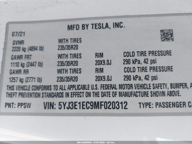 2021 TESLA MODEL 3 5YJ3E1EC9MF020312 Photo 8
